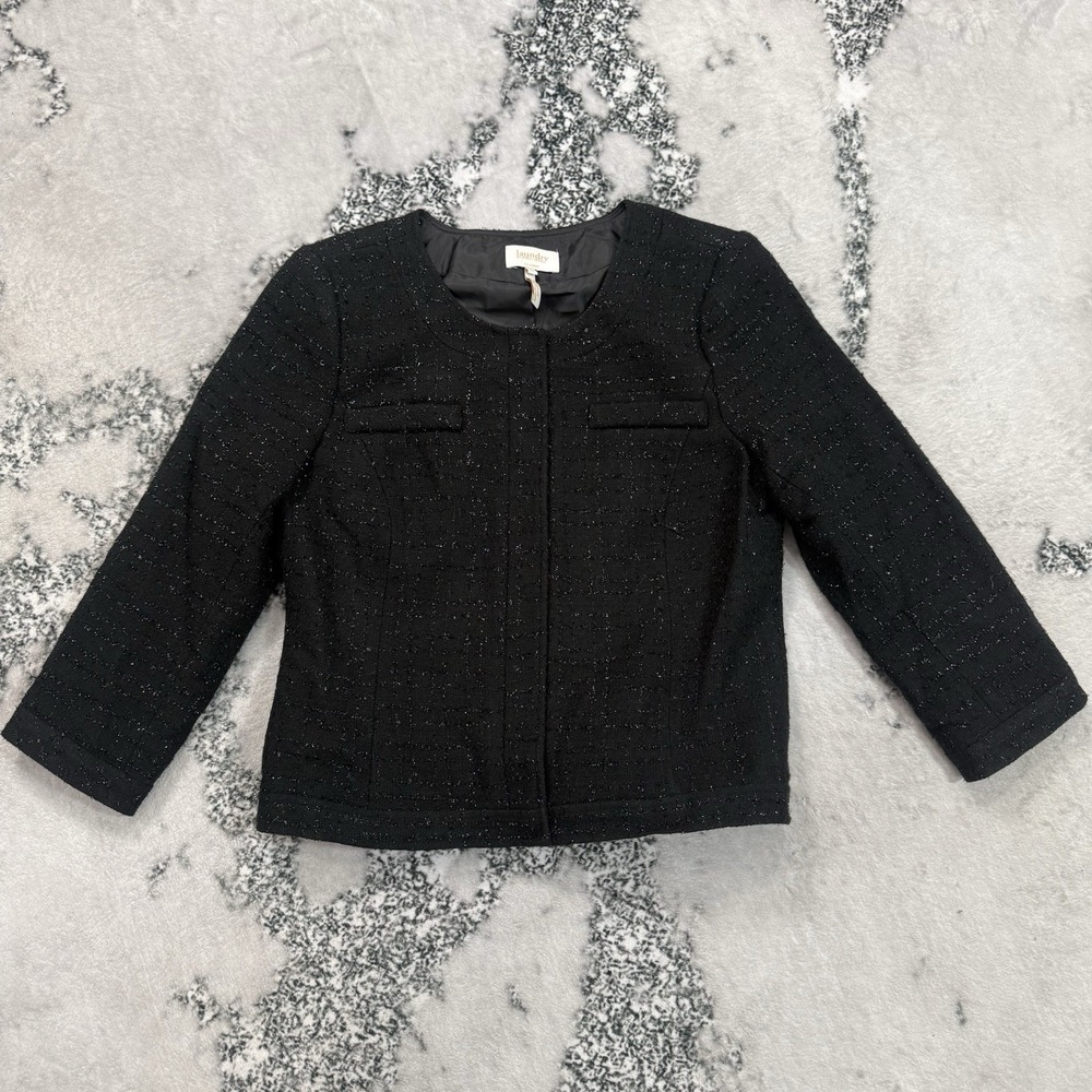 Laundry by Shelli Segal Black Tweed Metallic Jacket Hidden Snap Career Size 10